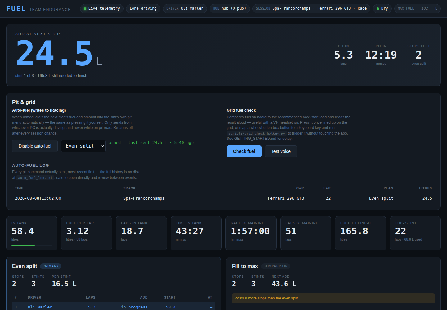 Fuel Strategy App dashboard: live status bar, hero fuel-to-add number, and consumption tiles