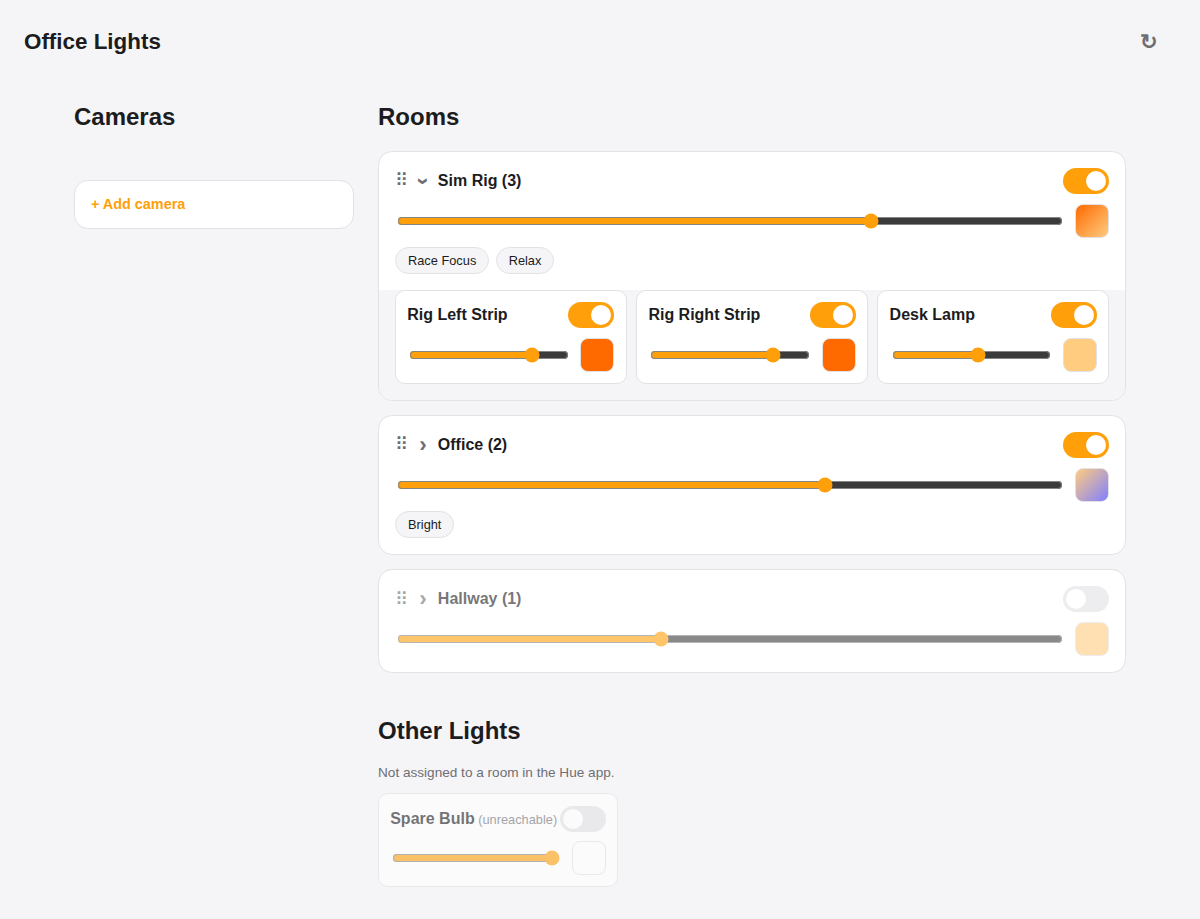Office Lights dashboard showing the Sim Rig room expanded with individual light controls, plus Office and Hallway rooms and an unassigned Spare Bulb