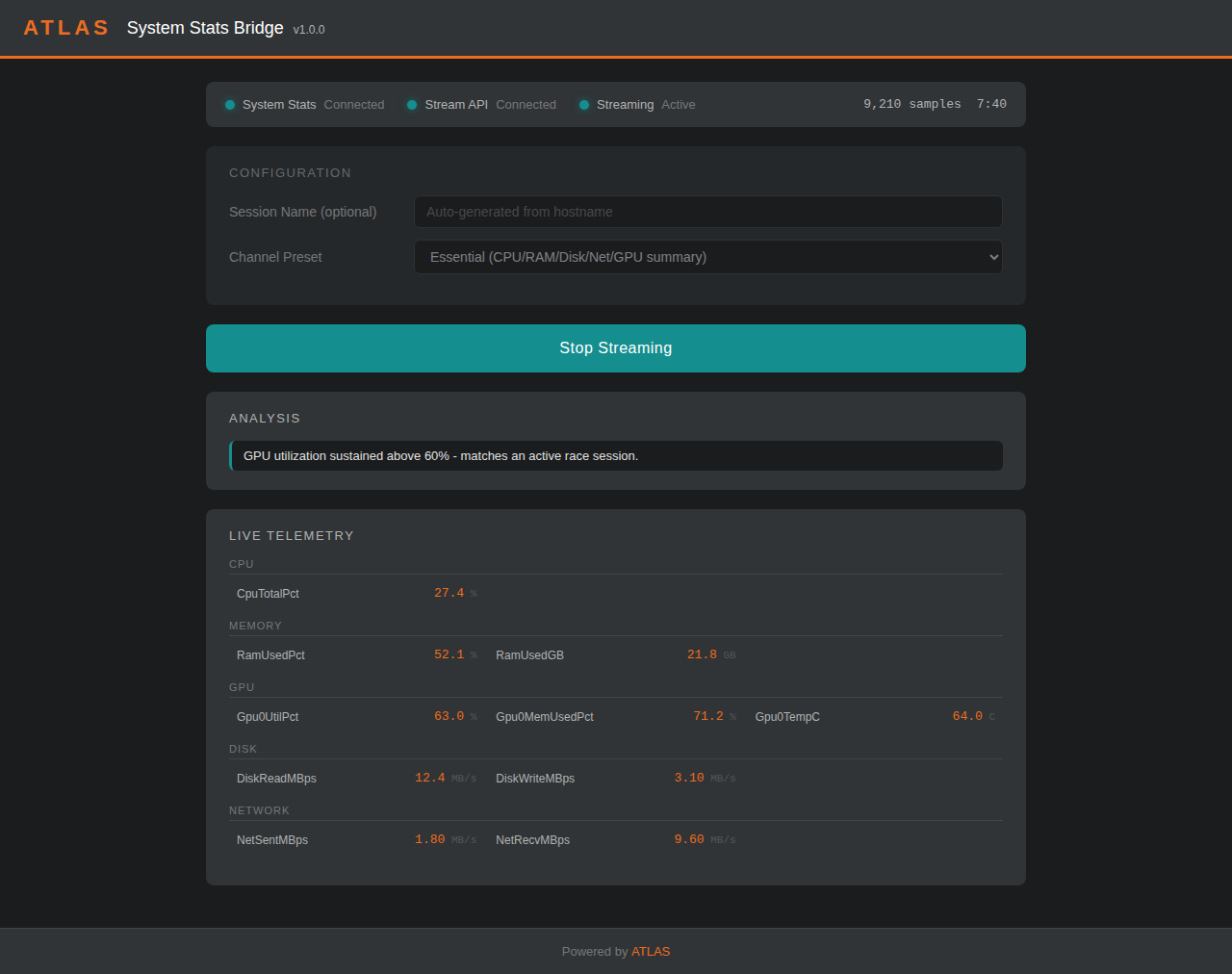 ATLAS System Stats Bridge web UI showing connection status, essential preset selected, an analysis note, and grouped live telemetry for CPU, memory, GPU, disk and network