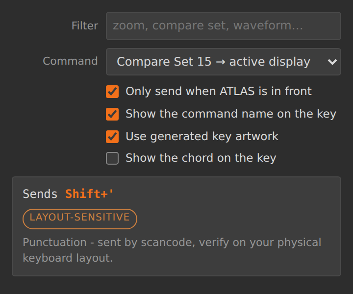 ATLAS Command property inspector: command picker showing 'Compare Set 15 to active display' selected, focus/label/artwork checkboxes, and a detail panel showing the chord Shift+quote with a Layout-Sensitive badge and a note about verifying it on the physical keyboard